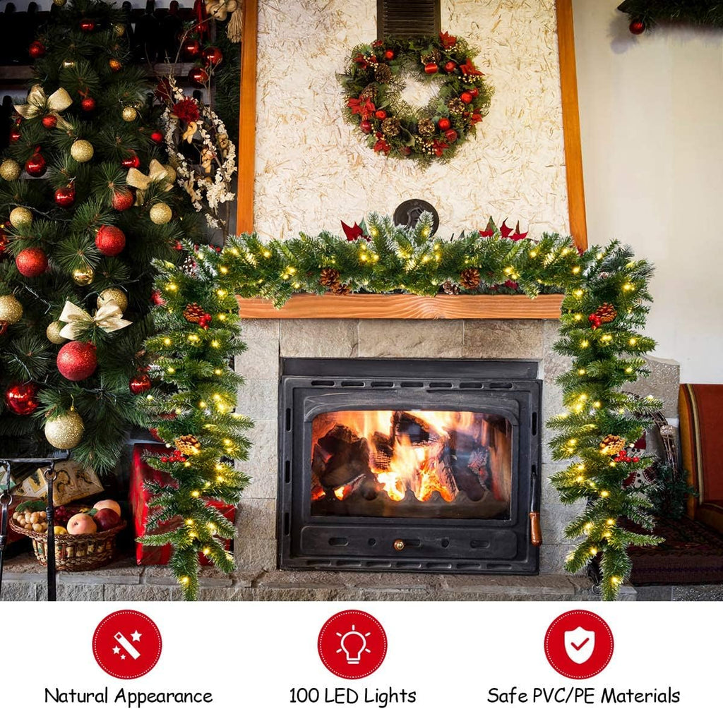 Prelit Artificial Pine Garland w/100 LED Lights, Pine Cones, Red Berries & Timer, Lighted Christmas Garland