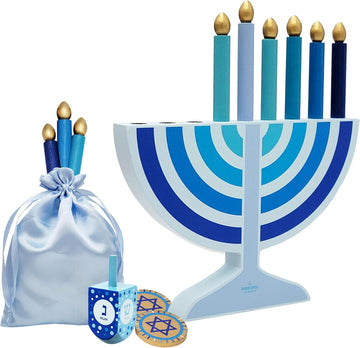 Mini Blue Hanukkah , 5" Inch Children Wooden Chanukah Set with Removable Wooden Candles, 3" Inch Dreidel, and Gelt
