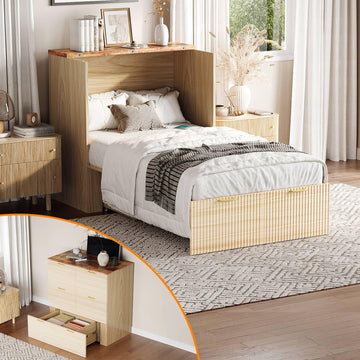Twin Murphy Bed with Storage Drawer, Fluted Wooden Foldable Bed Cabinet with Charging Station, Boho, Hideaway Paltform