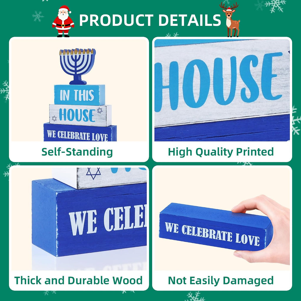 Hanukkah Wooden Tiered Tray Decor, Hanukkah Decorations Gifts, Jewish New Year Table Centerpiece for Xmas Party - Set of 4