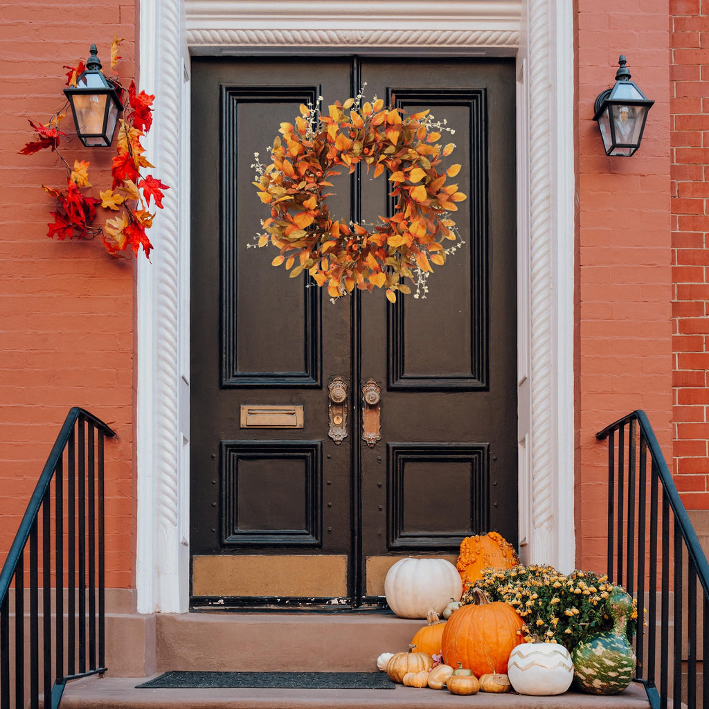 Artificial Fall Wreath 21'' Autumn Front Door Wreath with Fall Leaves Small Pumpkins Cluster of Berries for Outside