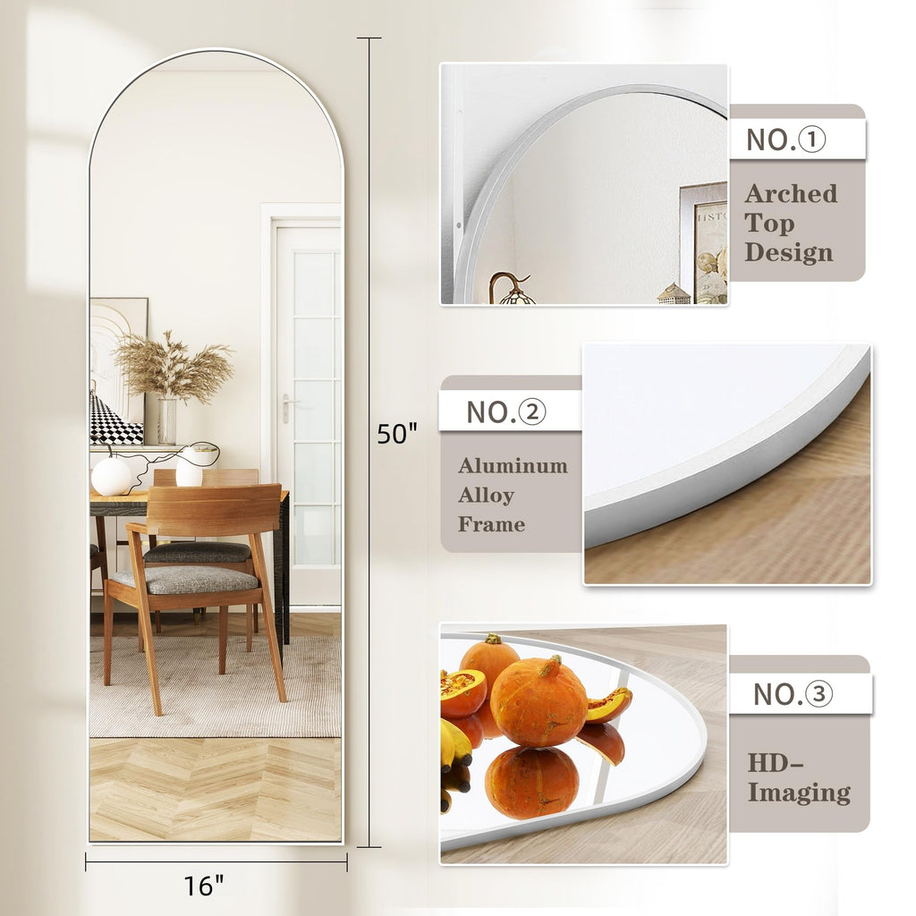 50"x 16" Door Mirror, Arched Full Length Hanging Mirror, White