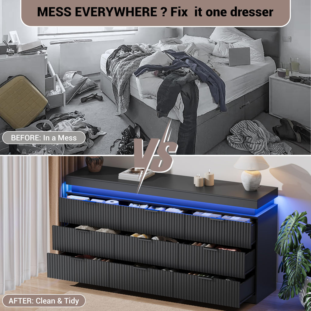 Fluted 9 Drawer Dresser with Charging Station, Black