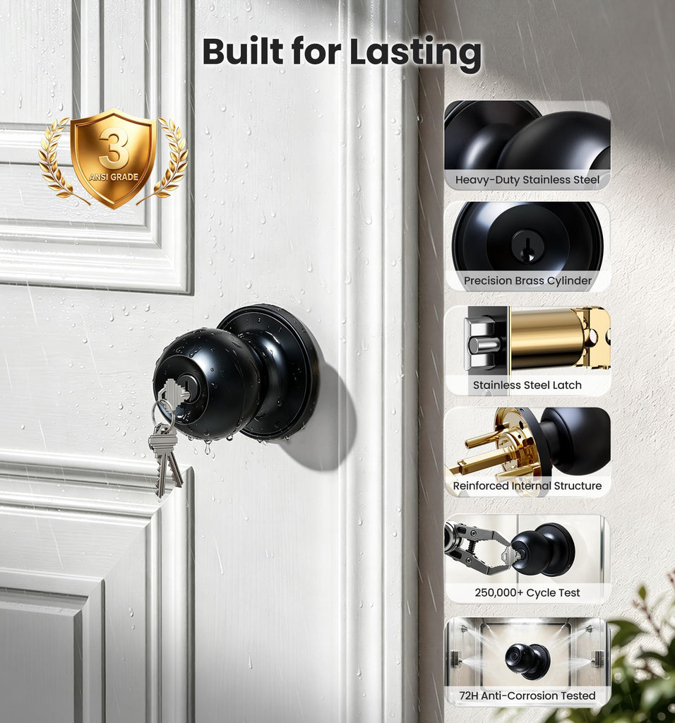 2 Pack Keyed Alike Entry Door Knobs with Lock & Keys, Matte Black