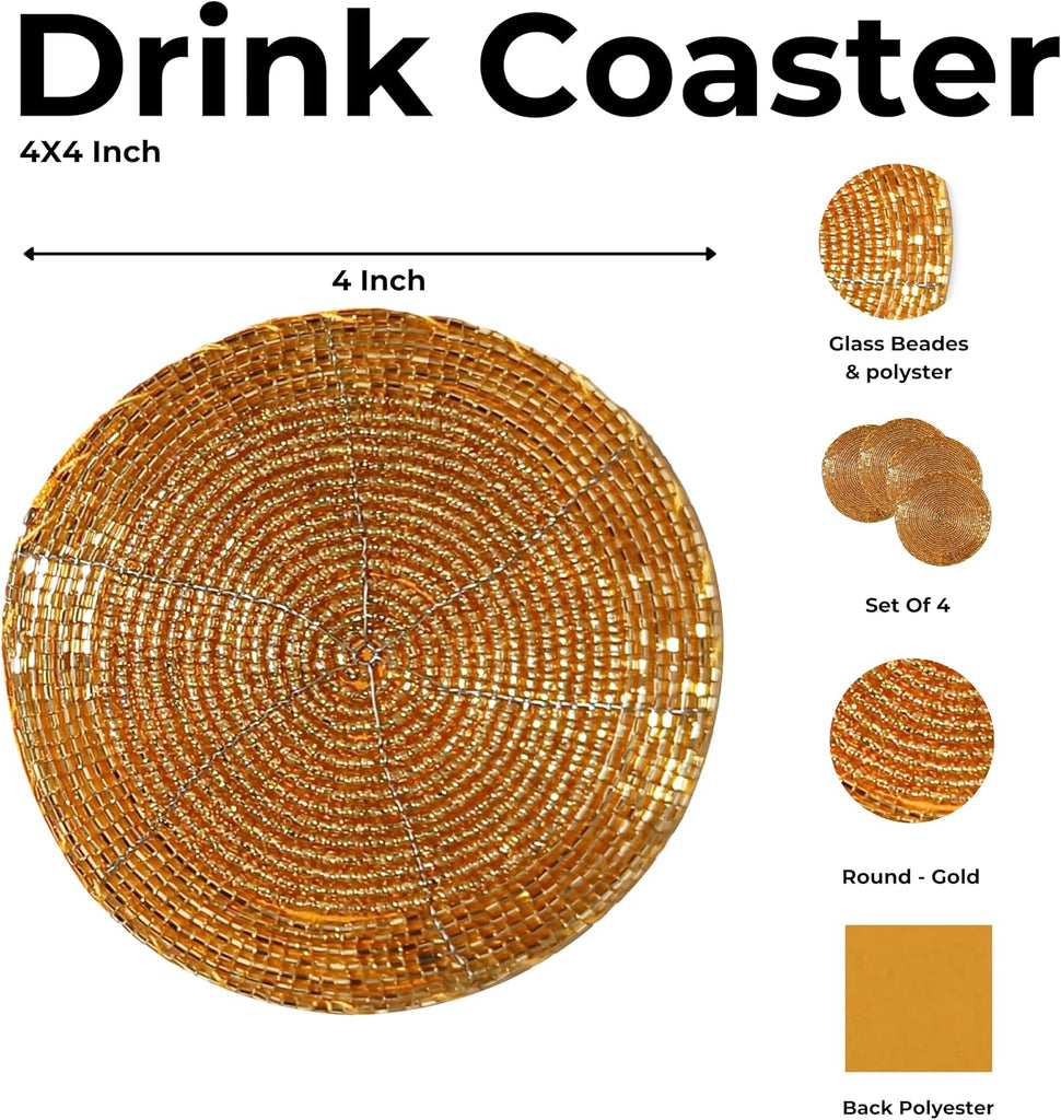 Beaded Farmhouse Coasters - 4" Round Boho Drink Coasters, Absorbent Table Décor for Bar, Parties, Fall, Gold - Set of 4