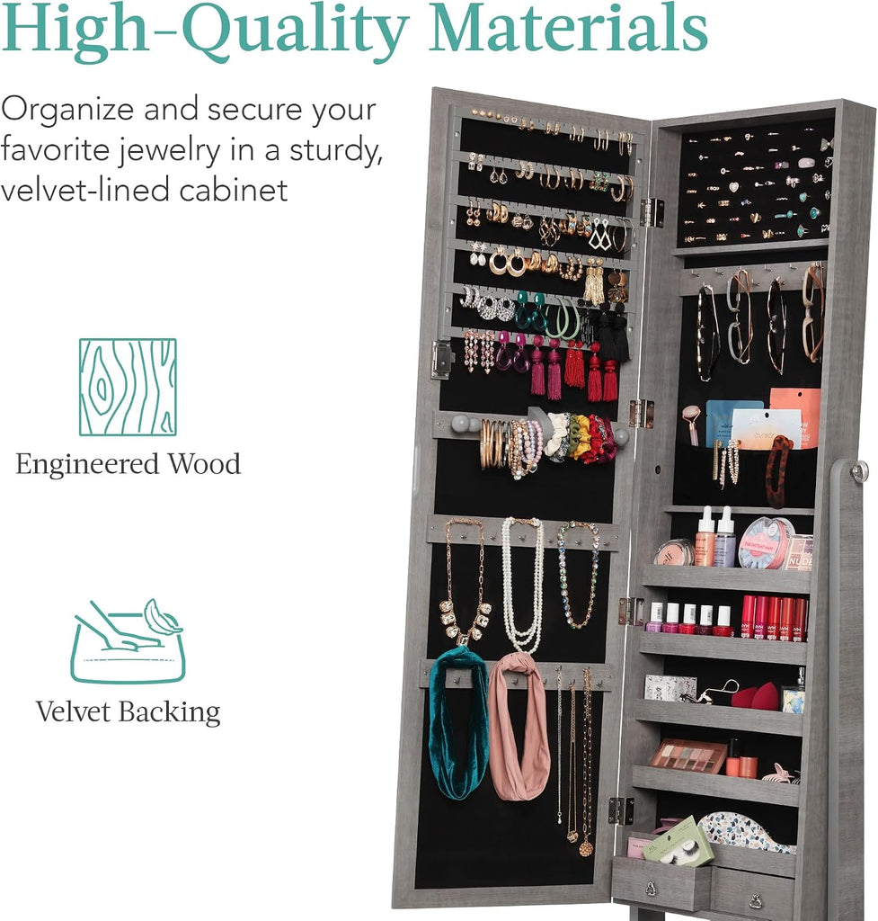 Freestanding Jewelry Armoire Cabinet, Full Length Standing Mirror, Lockable Makeup Storage Organizer, w/Velvet