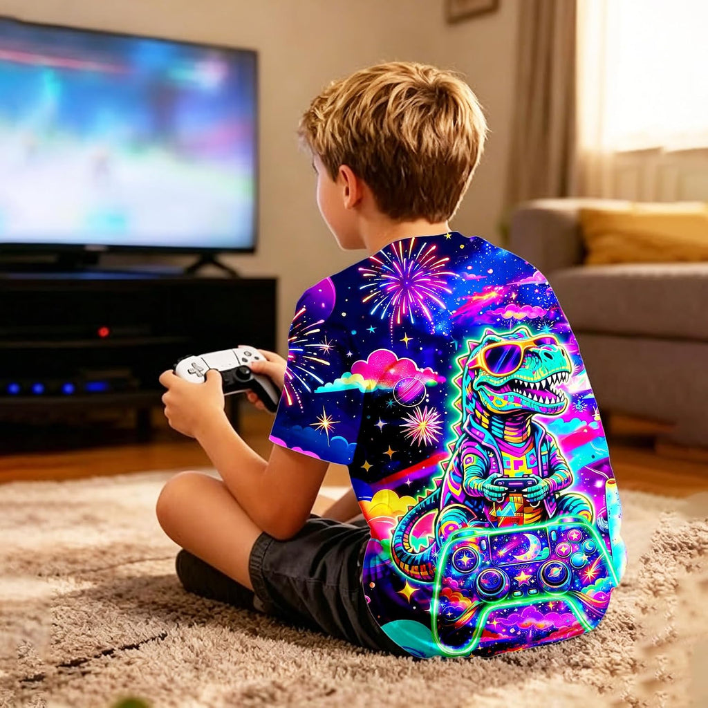 Gaming Shirts for Boys Kids Game T Shirt Neon Short Sleeve 3D Graphic Tees Novelty Shirt for Boys Girls