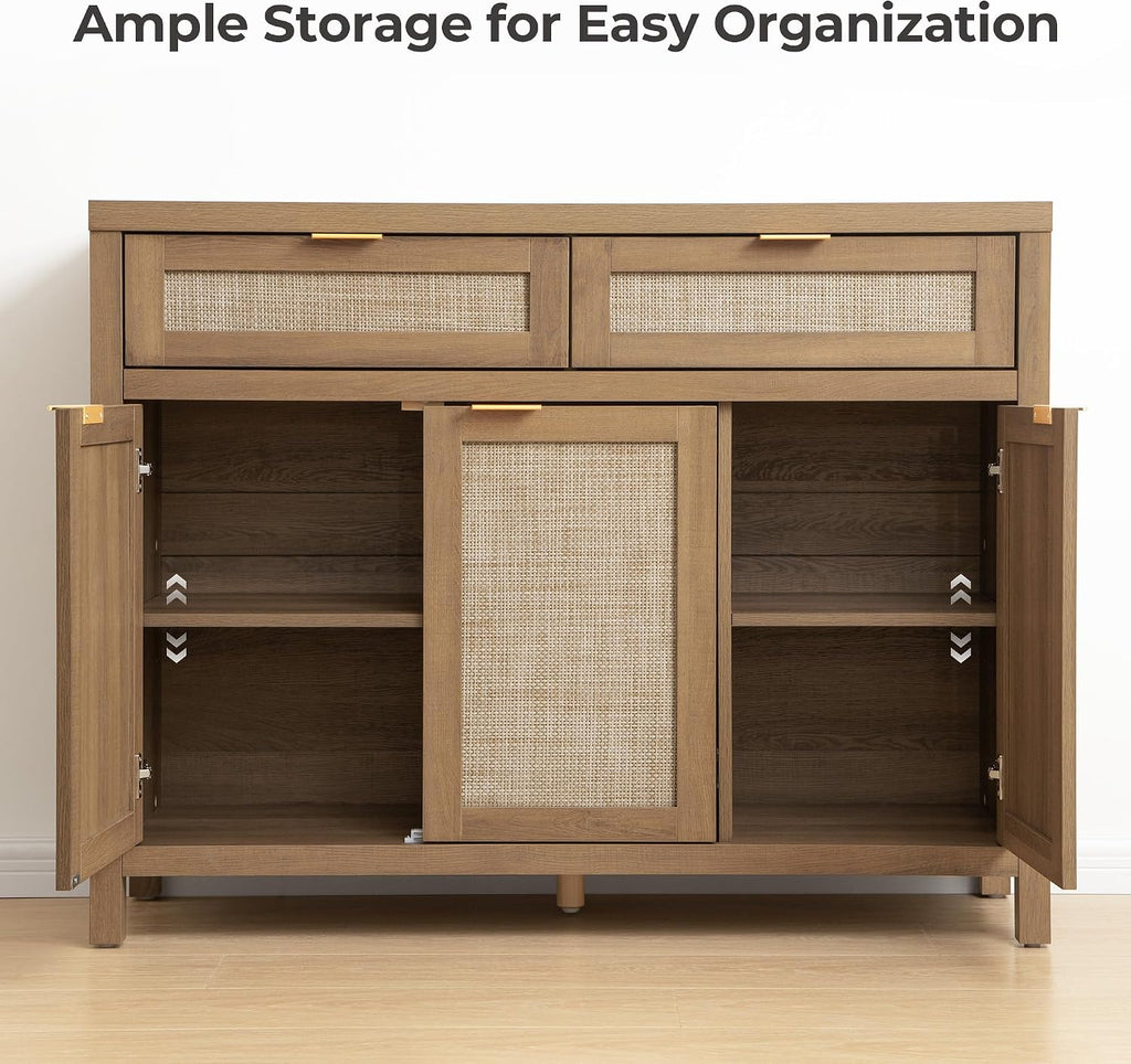 Rattan Sideboard Buffet Cabinet with Storage, Boho Credenza Accent | Storage Cabinet with 3 Doors and 2 Drawers