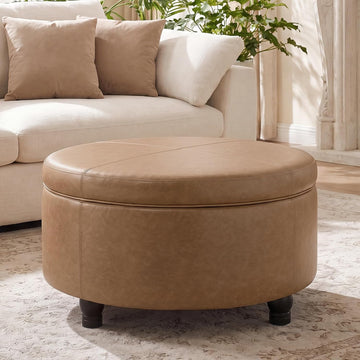 30-Inch Round Ottoman, Leather Ottoman with Storage (Light Brown | Modern Storage Ottoman with Removable Top