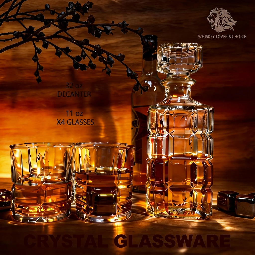 32oz Whiskey Decanter Set with 4 Crystal Glasses - Large Geometric Design, Airtight Silicone Seal, Lead-Free - Set of 7
