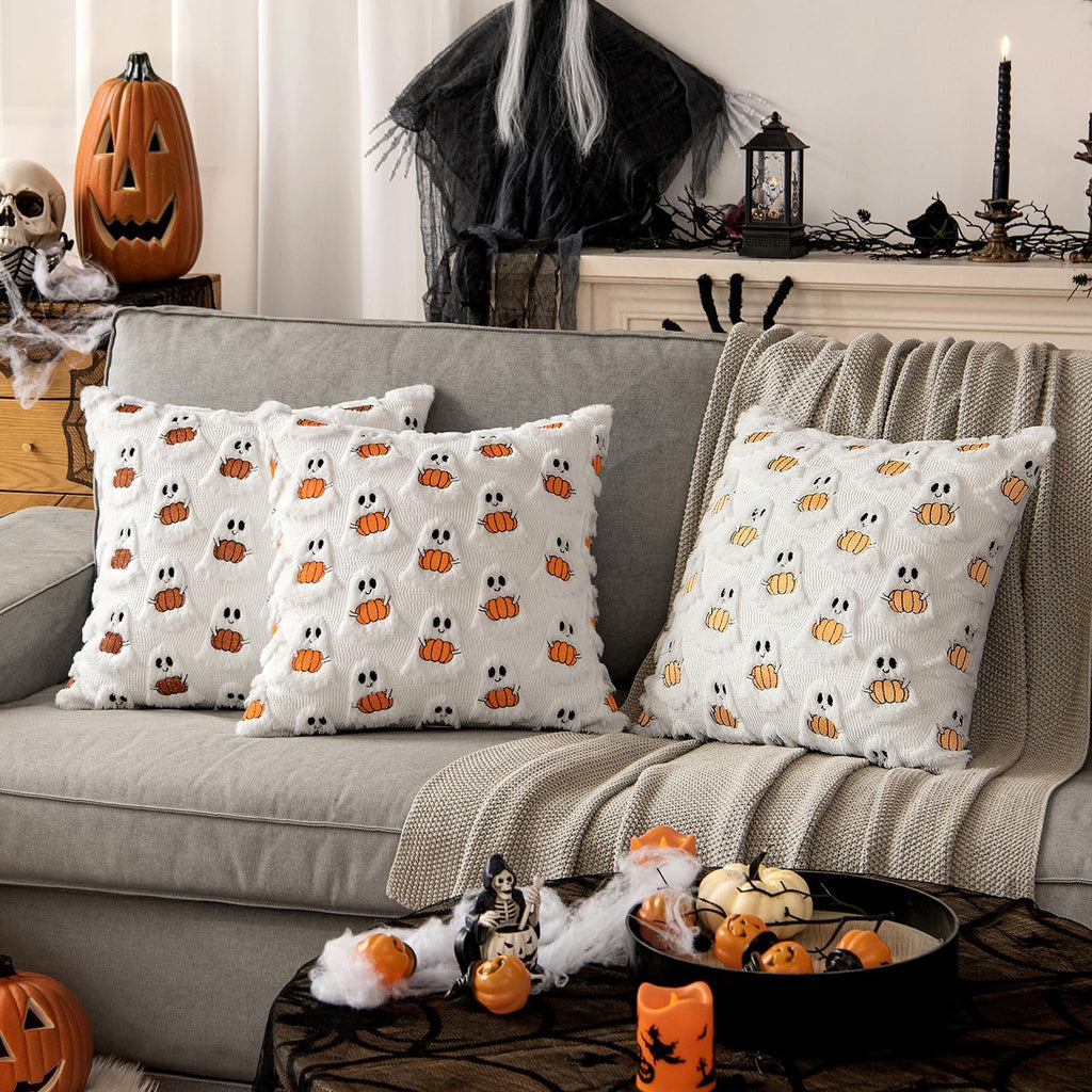 Halloween Pillow Covers Decorative Fall Cute Ghost Plush Faux Fur Pillows 18x18 Inch Soft Pumpkin Accents - Set of 2