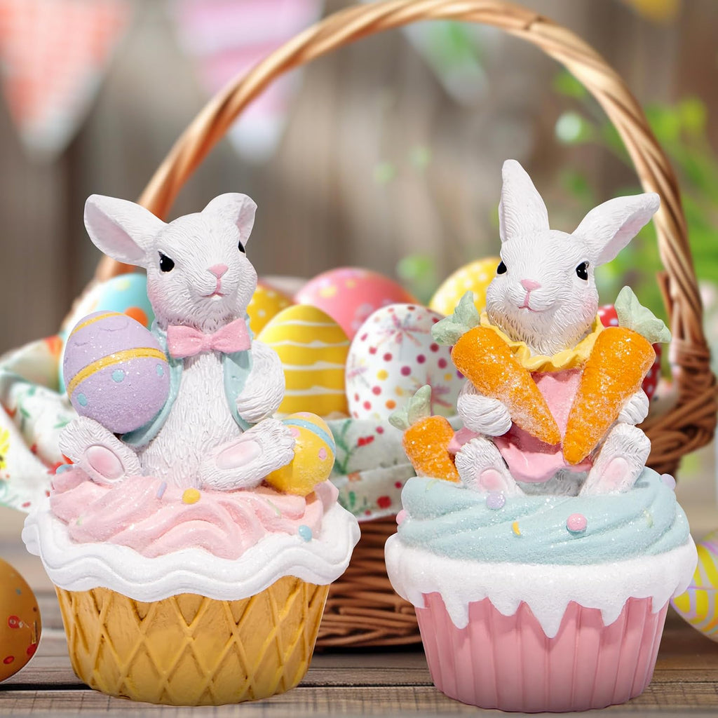 Easter Bunny Cupcake Figurines with Carrots and Eggs - Cute Spring Tabletop Decor for Easter Celebration, Decorations - Set of 2