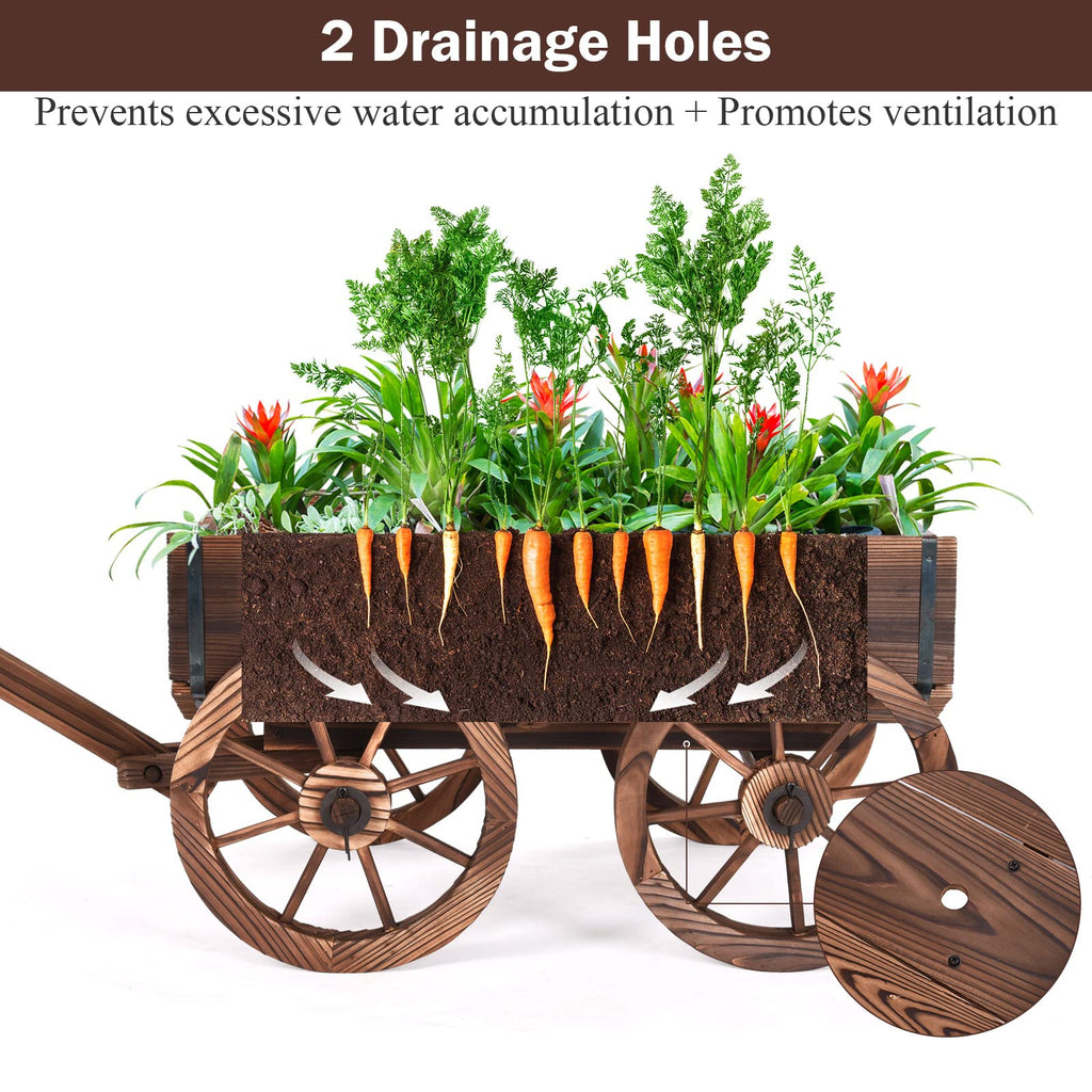Wooden Wagon, Wood Flower Planter Pot Stand with 4 Wheels & Drainage Holes, Amish Wagon Planter, Rolling Pot Stand