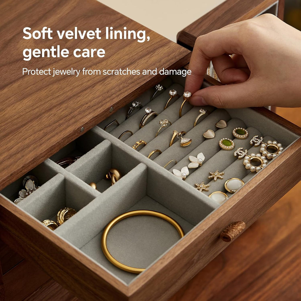 Black Walnut Wood Jewelry Box for Women, Large