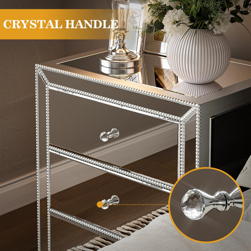 Mirrored Nightstand Bedside Table with 3 Drawers, Silver Modern End Table with Crystal Handle, Mirrored Side Table