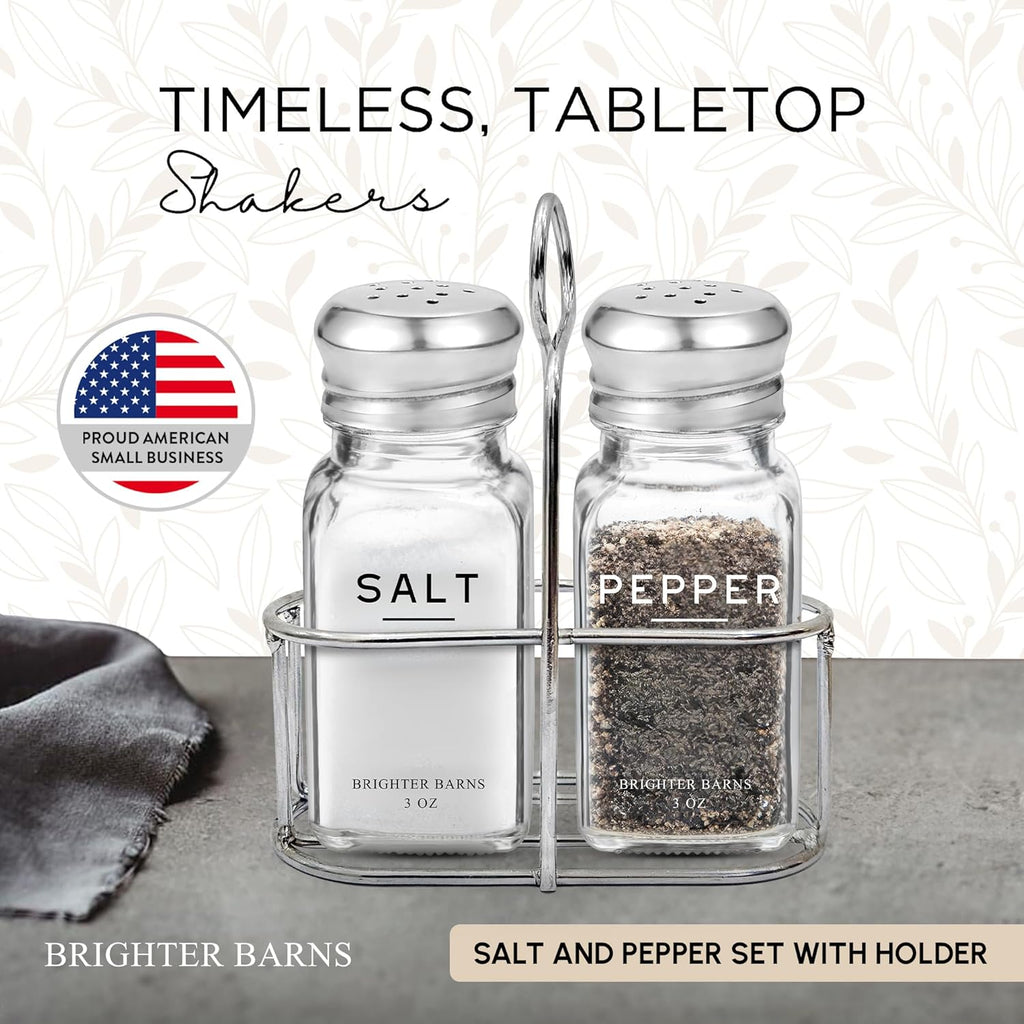 Glass Salt and Pepper Shakers Set with Holder by - Modern Kitchen Decor, Dining Table Countertop Accessory - Cute - Set of 2