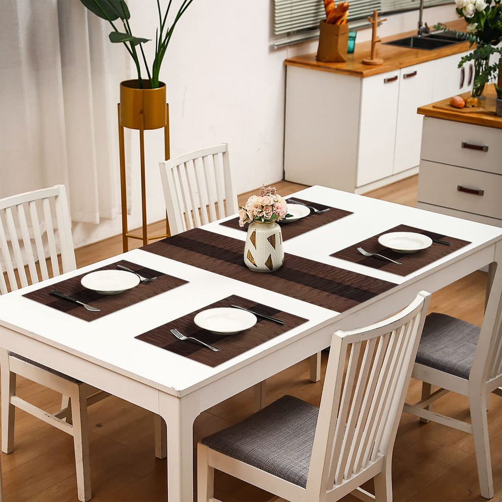 Brown Black Placemats Set of 6 Washable Placemats Vinyl Woven Table Mats Wipeable Placemat Dining Table Decoration