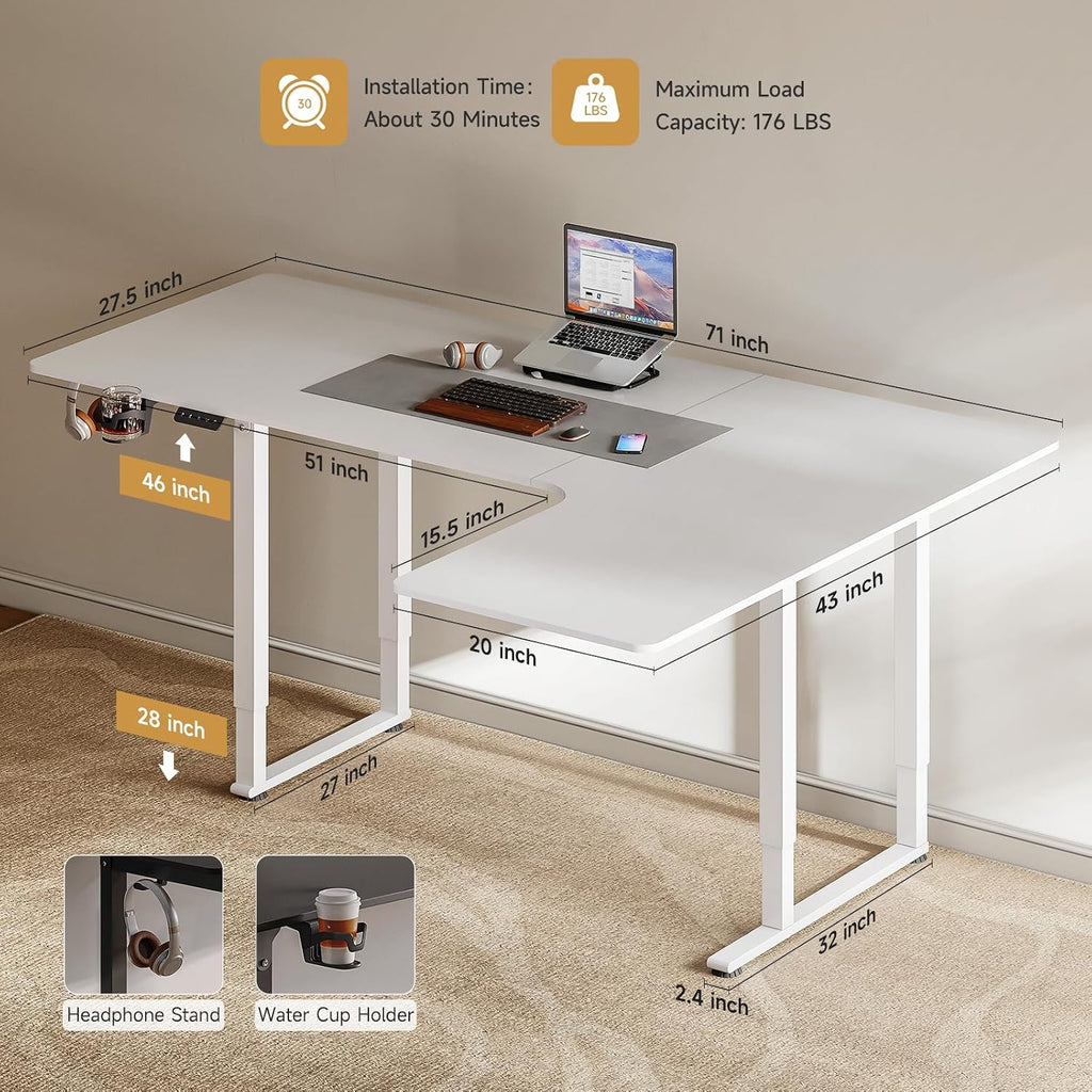 L Shaped Standing Desk, 71x43 Inches Electric L Stand Up Desk | Office Desk with 4 Legs, Dual Motor and Memory