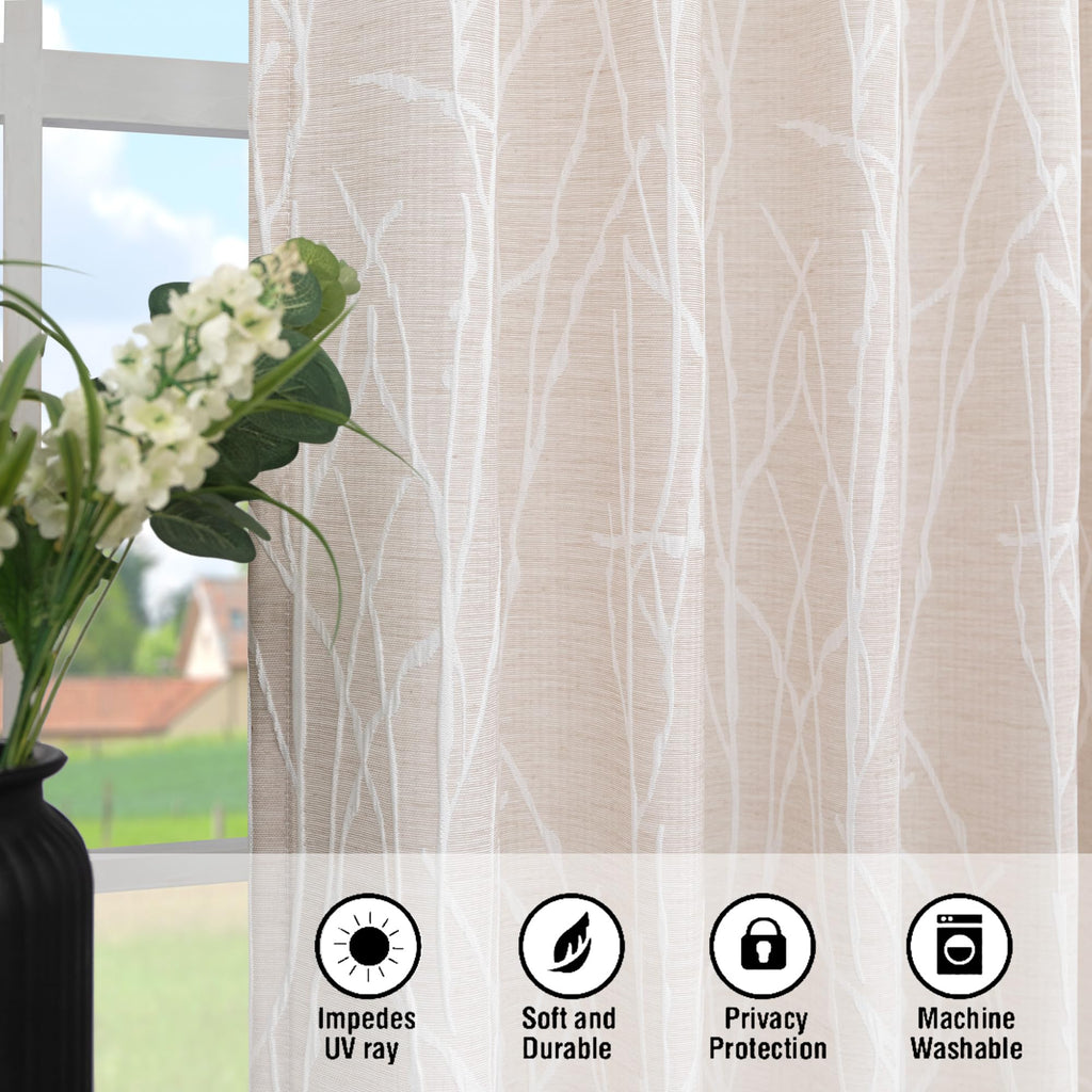 Light Beige Patterned Curtains 96 Inch Long Dining 2 Panels Back Tab Pocket Tree Botanical Design Toile Bold Room