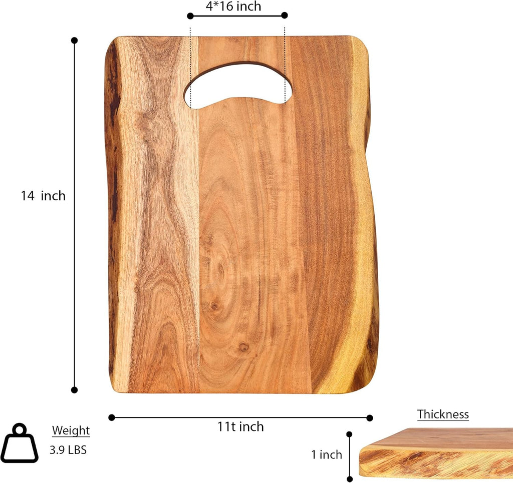 Acacia Wood Cutting Board with Oval Handle 14 x 11 Inch | Live Edge Cheese Board, Charcuterie Tray, Chopping and
