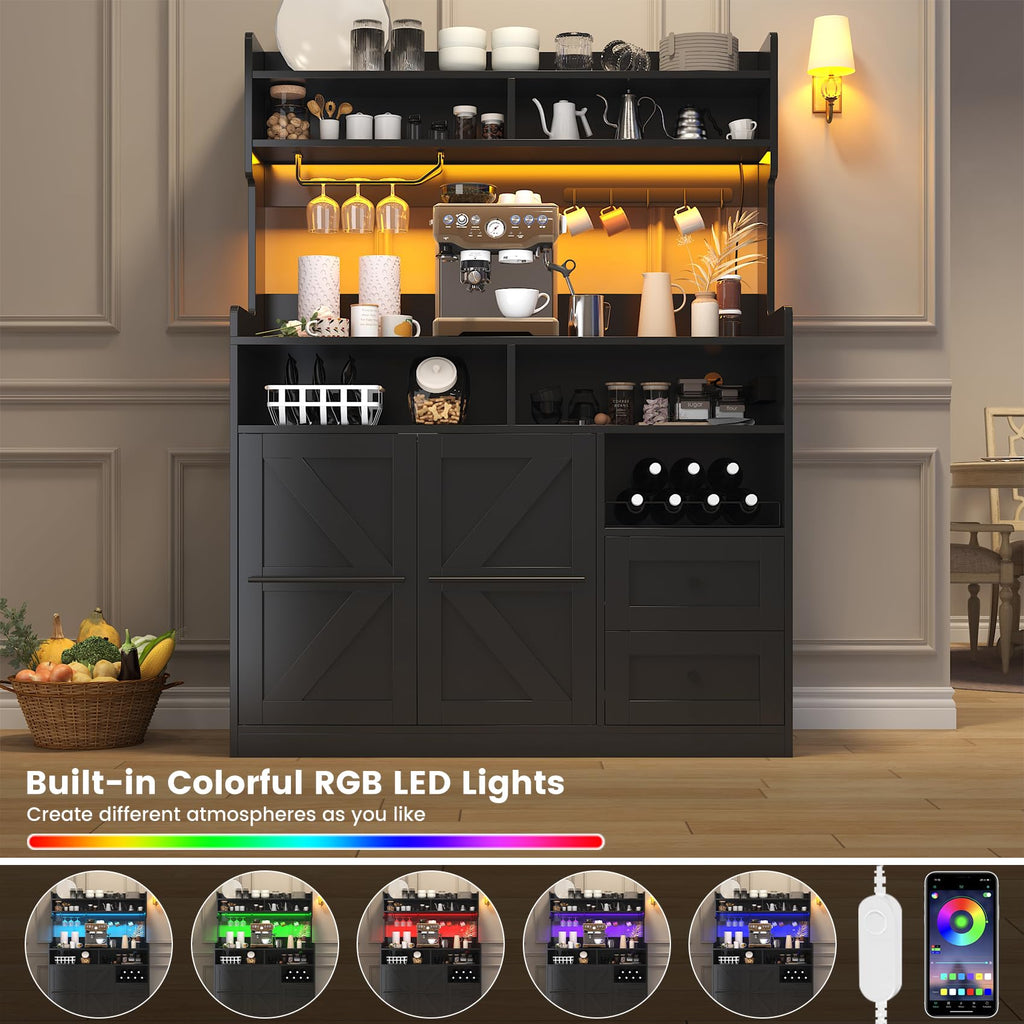 Hutch Storage Buffet Cabinet with Drawers, and Charging Station, Coffee Bar Cabinet with Barn Doors, Wine Rack and
