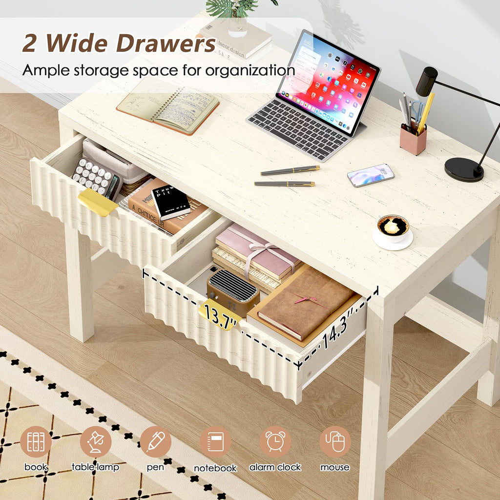 32 Inch Small Fluted Computer Desk with 2 Drawers