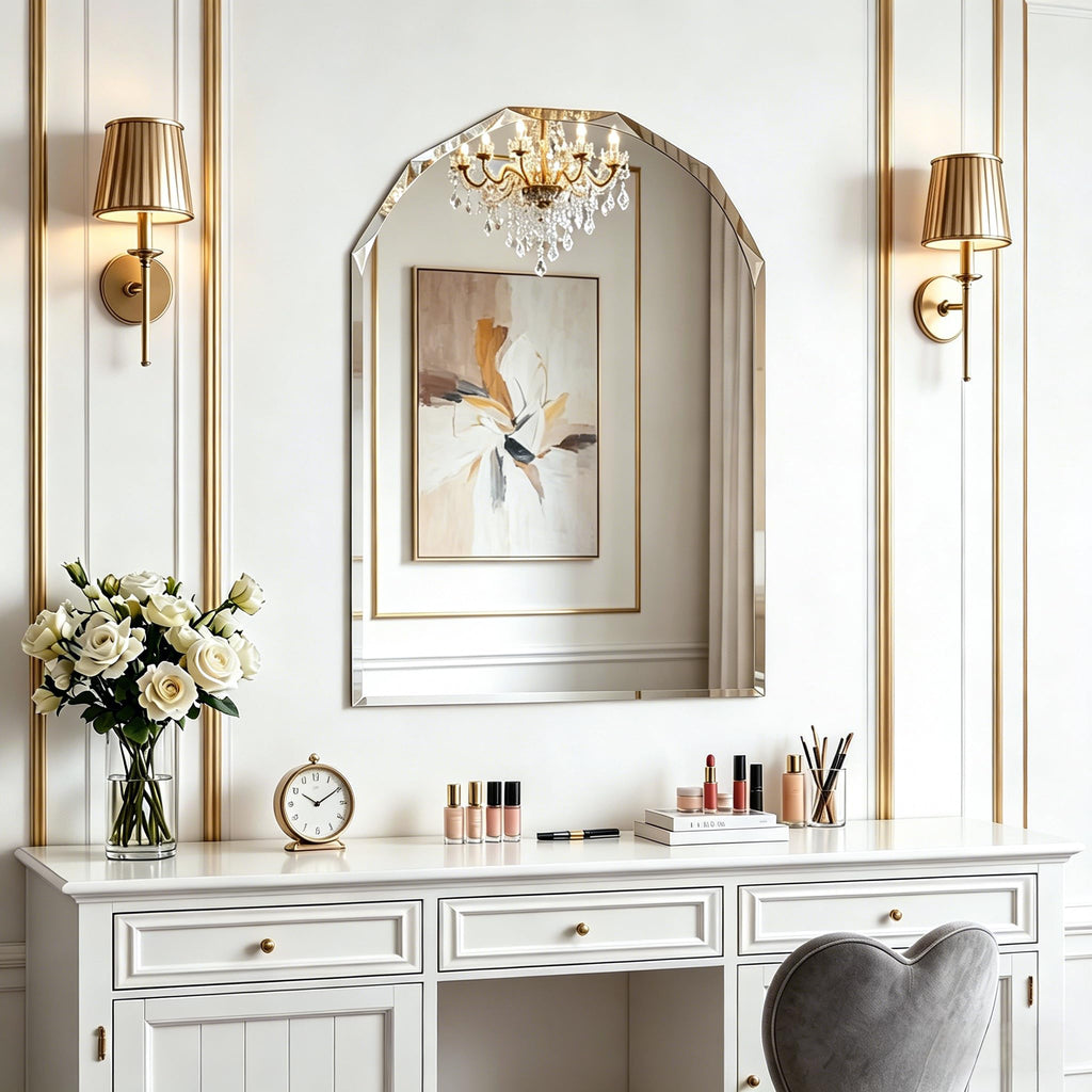 Beveled Arched Mirror, 20"x28" Arch Vanity Mirror with Diamond Cut Beveled Edge, 5mm Tempered Glass, Decorative