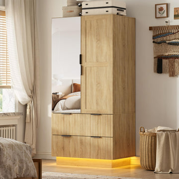 Wardrobe Closet with 2 Doors, Pegboard and Mirror, Wood Armoires