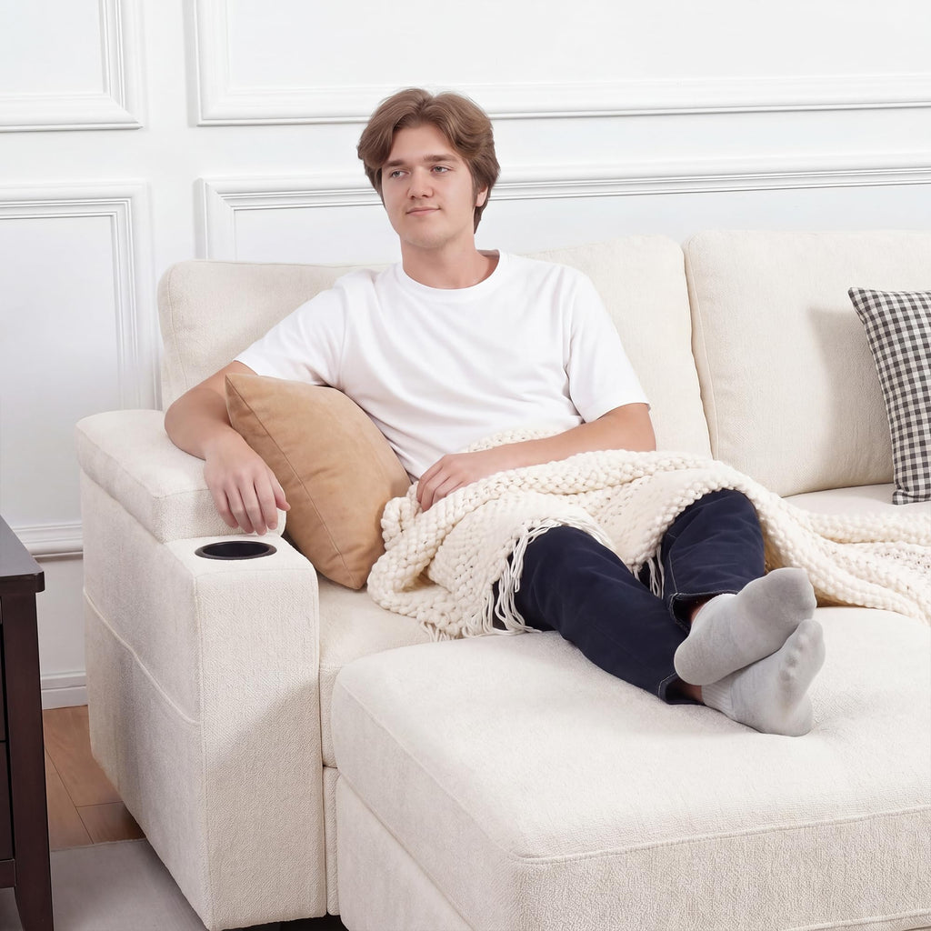 Sectional couches, Oversized Modular Cloud U Shaped Couch, FSC Certified Chenille, Removable Chaise Sofa (Beige, L