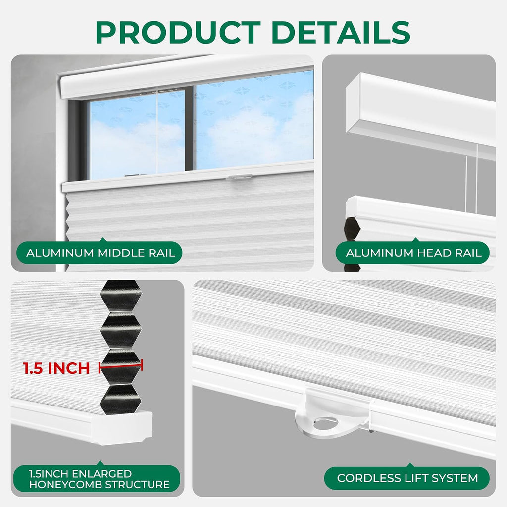 Top Down Bottom Up Cordless Cellular Shades,Thermal Insulation Honeycomb Blinds for Indoor Windows,(White,27"x64")