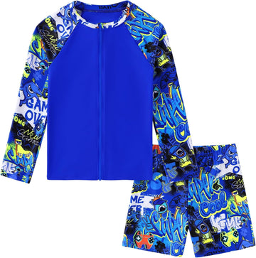 Boys Two Piece Swim Set Rash Guard Long Sleeve Swimsuits Kids UPF 50+ Bathing Suit