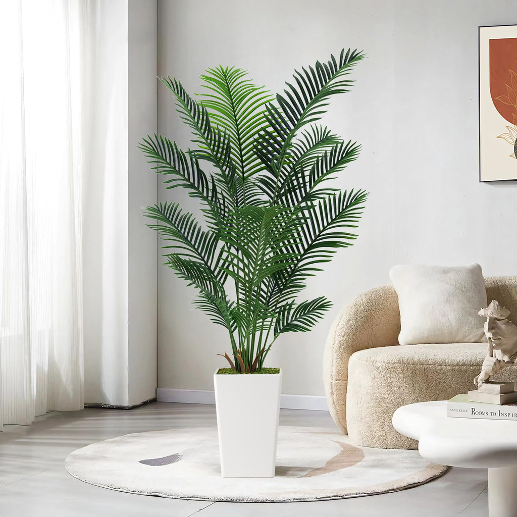 Artificial Palm Tree 6FT, Faux Palm Tree with Tall White Planter, Realistic Leaves & Natural Wood Trunk, Ideal Decor