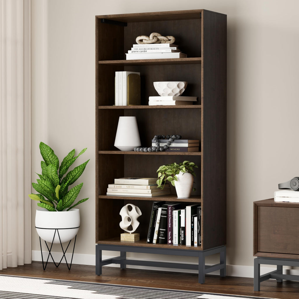 Banting 66" Tall Solid Wood 5-Shelf Bookcase in Walnut Brown