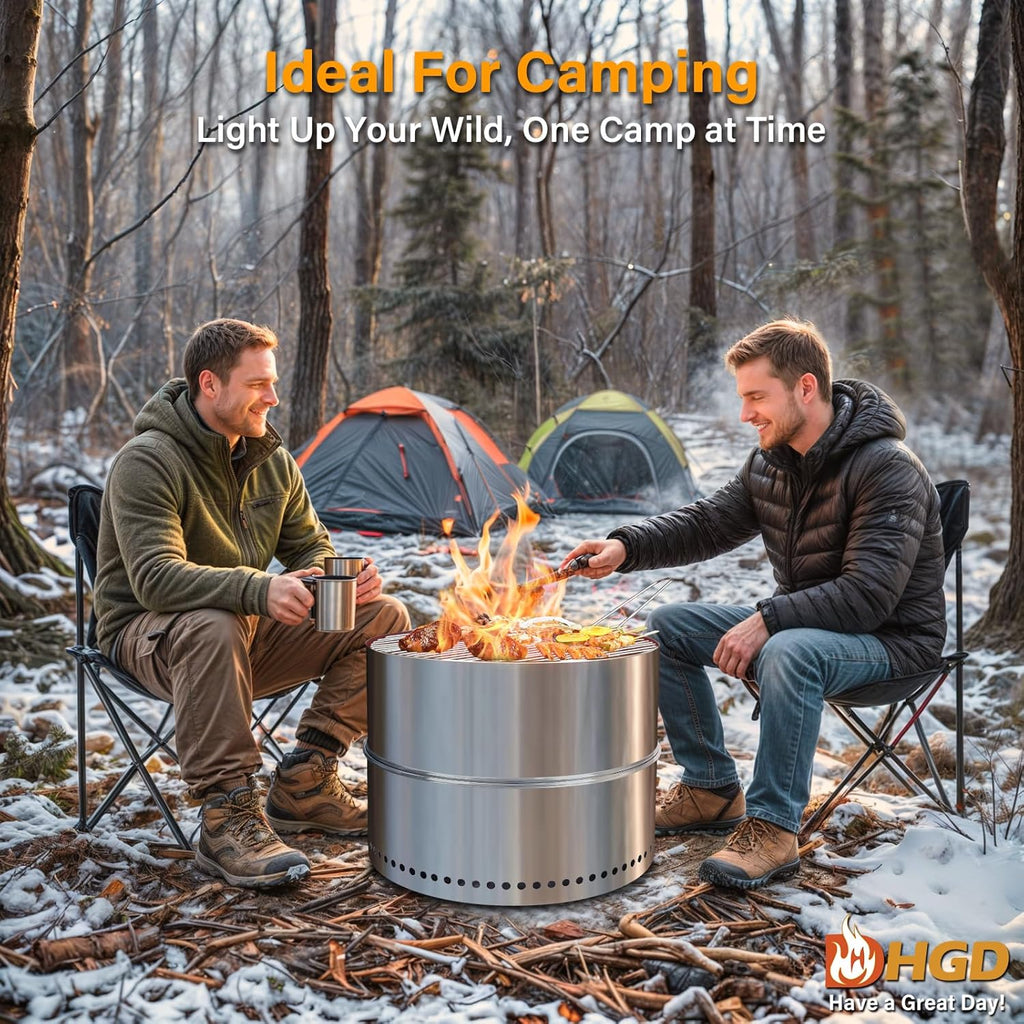 20 Inch Smokeless Firepit with Grill, Portable Wood Burning Fire Pit for Camping & Backyard