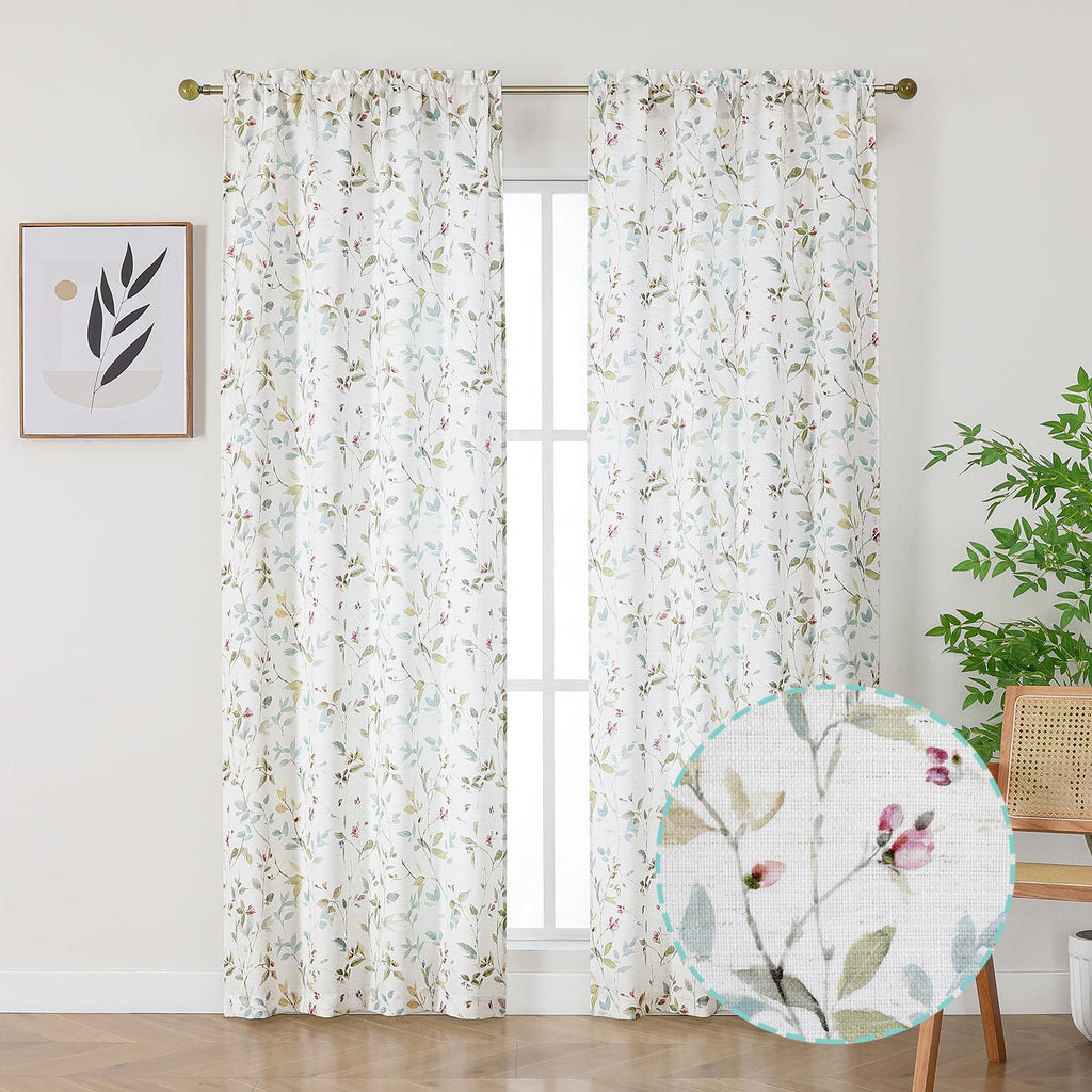 Roman Linen Blend Curtains 84 Inch Length 2 Panels Set, Light Filtering Floral Vintage Curtains Printed Drapes for