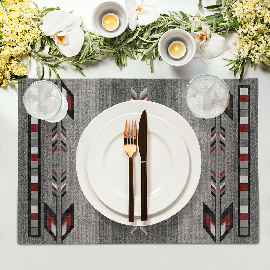Southwestern Placemats, Grey Red Tribal Geometric Decorative Table Mats, Native American Ethnic Farmhouse Non-Slip