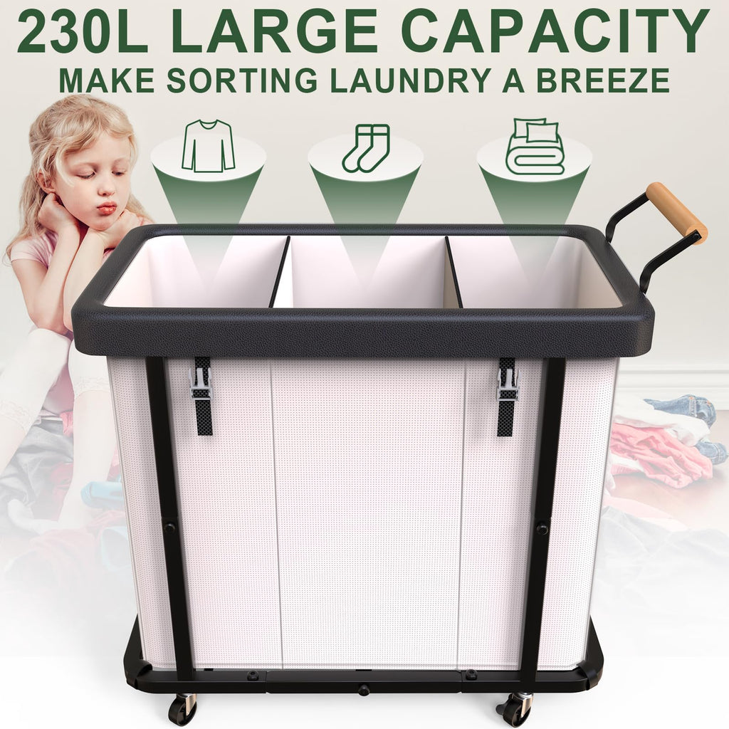 Laundry Hamper 3 Section, Rolling Laundry Basket with Wheels and Lid, White