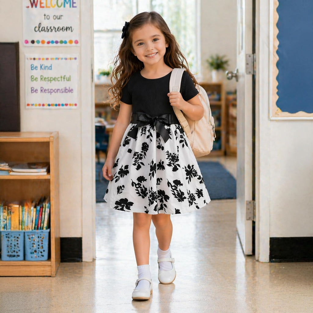 Floral A-Line Dress, Short Sleeve Twirl, Bow Waist, Kids Summer Dress