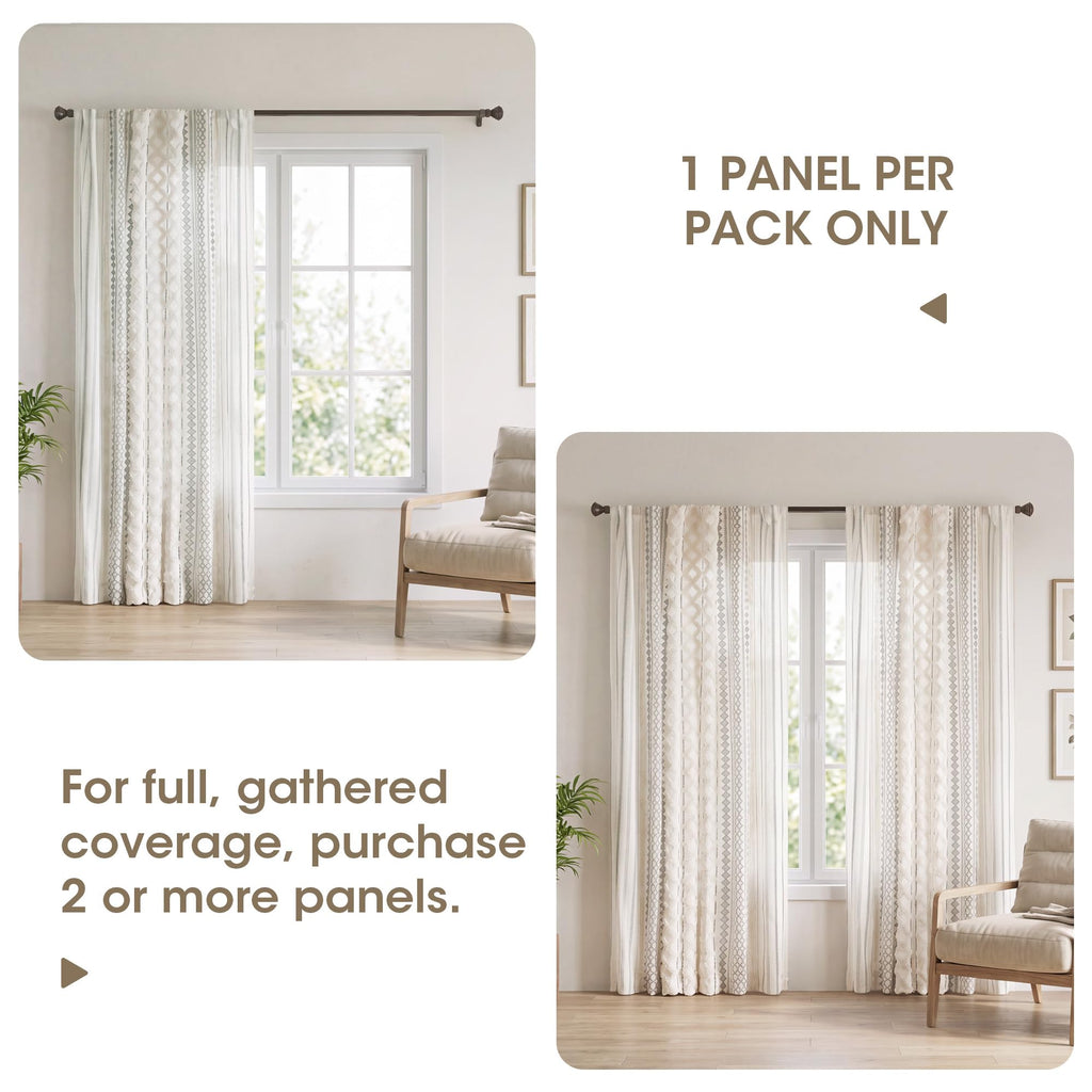 100% Cotton Boho Window Curtain, Single Panel, 50x84 Ivory