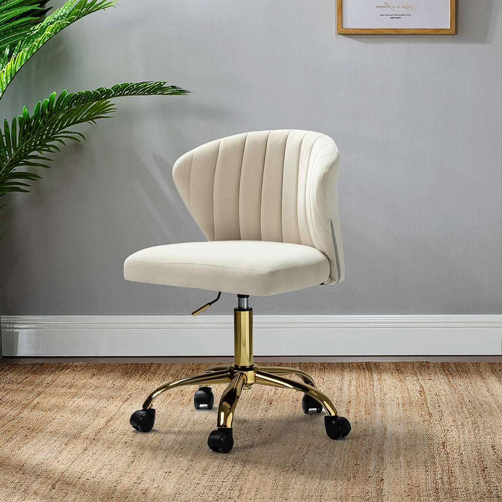 Office Desk Chairs with Wheels & Gold Base, Modern Velvet Cute Armless, Adjustable Low Back Swivel Rolling Chair