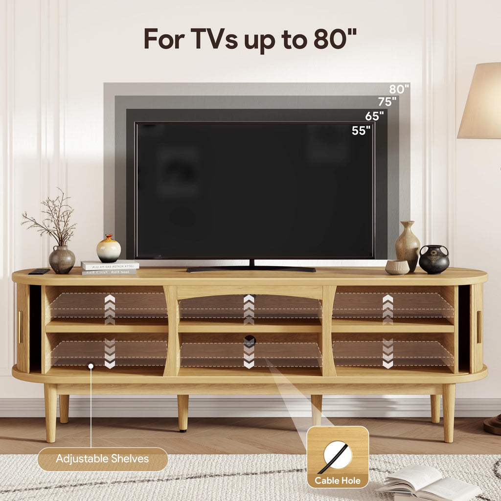 Mid Century TV Stand for TVs up to 80 Inches, Entertainment Center with Storage, Power Outlet, Fluted Sliding Doors &