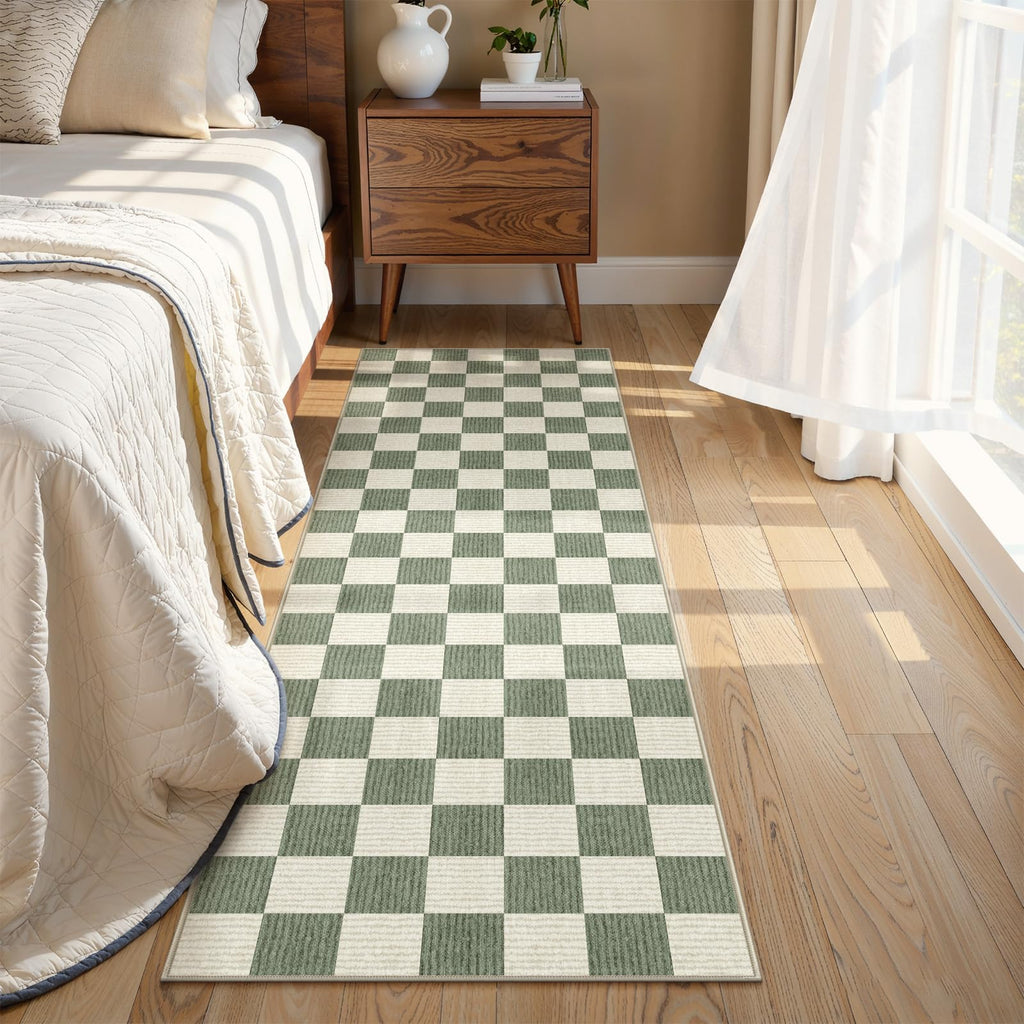 Washable Checkered Runner Rug Hallways, Green