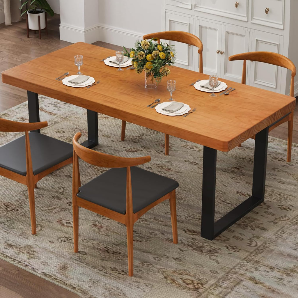 Minimalist Solid Wood Dining Table with Sturdy Metal Base - Easy Assembly, Versatile Design for Dining Rooms, Living