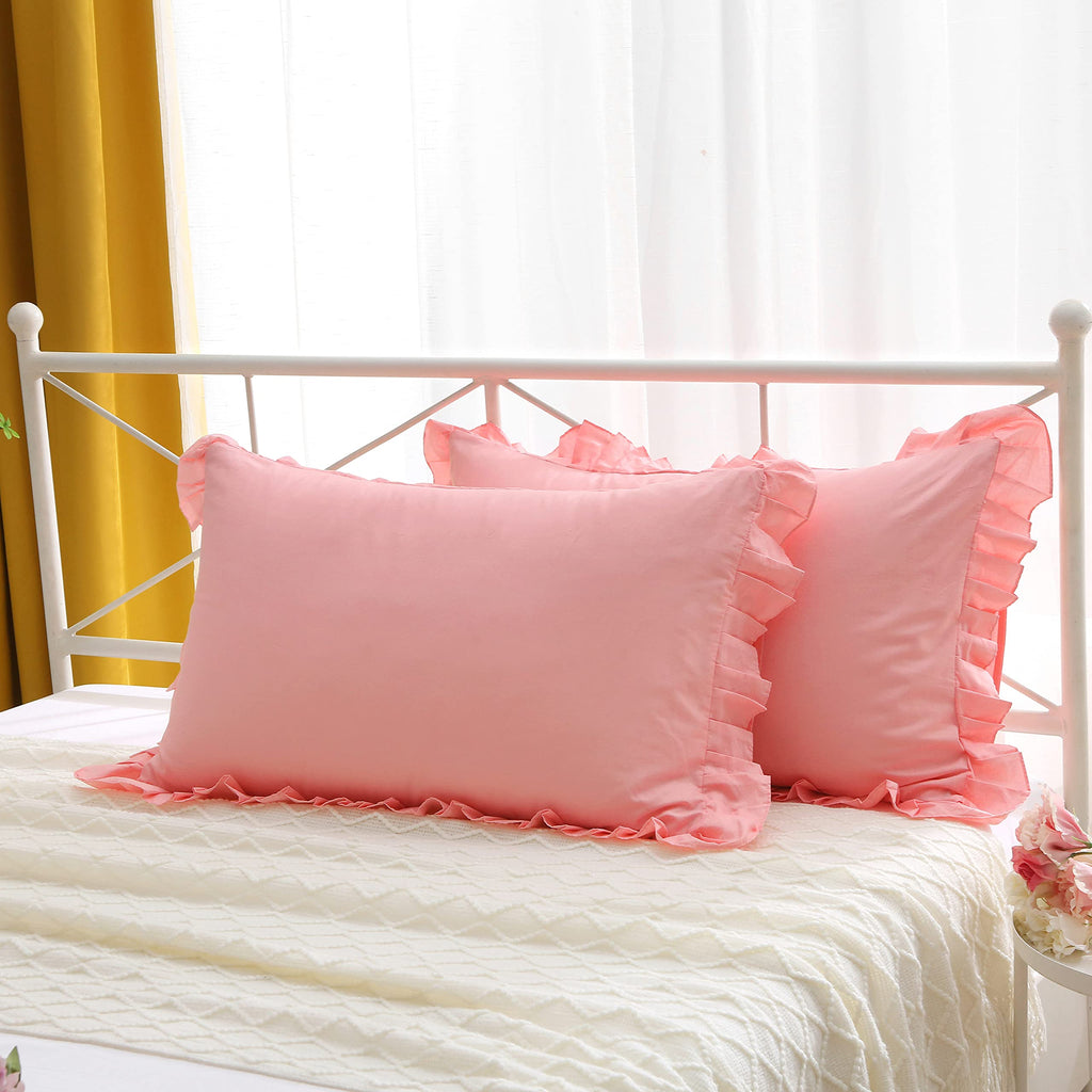 Egyptian Cotton Ruffles Pillow Shams Coral Pink Queen Size 2Pieces 30"x20" Soft Thick
