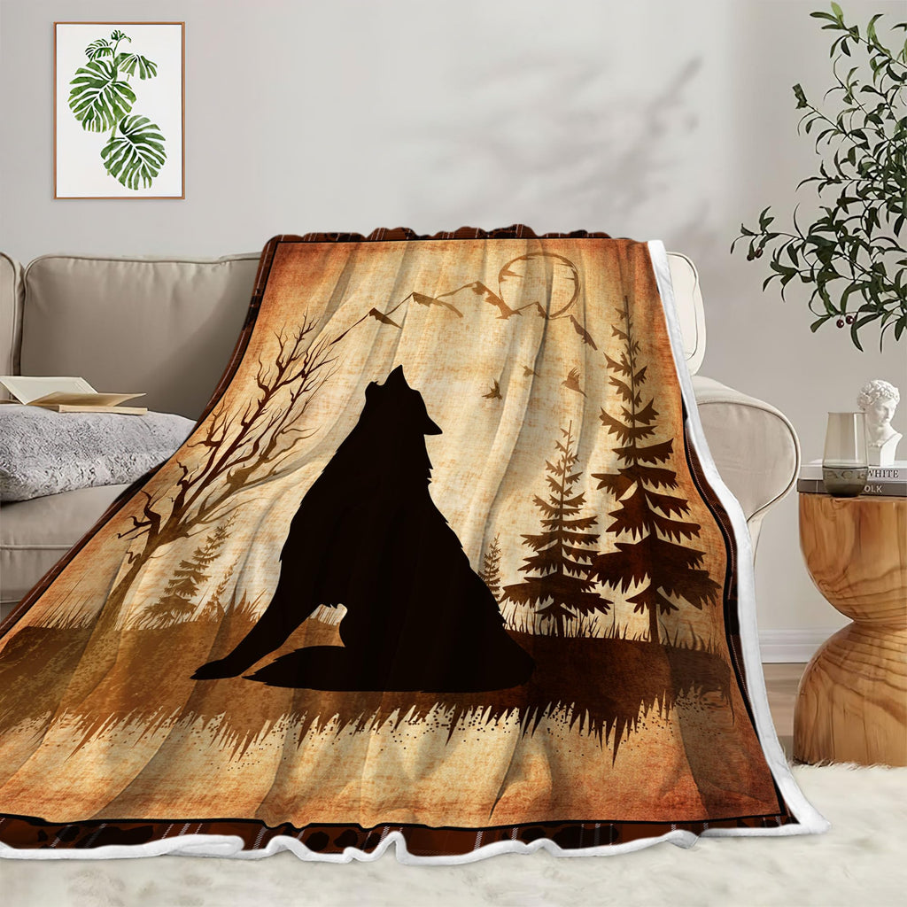 Wolf Rustic Cabin Flannel Fleece Throw Blanket, Wild Animal Lodge Bed Blanket Nature Wildlife Bear Fuzzy Blankets for