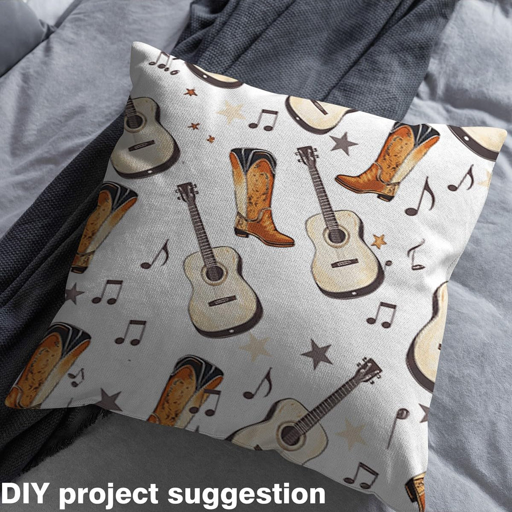 Hippie Guitar Music Note Fabric by The Yard, Western Rustic Cowboy Boots Quilt Upholstery Fabric, Cute Star Print DIY