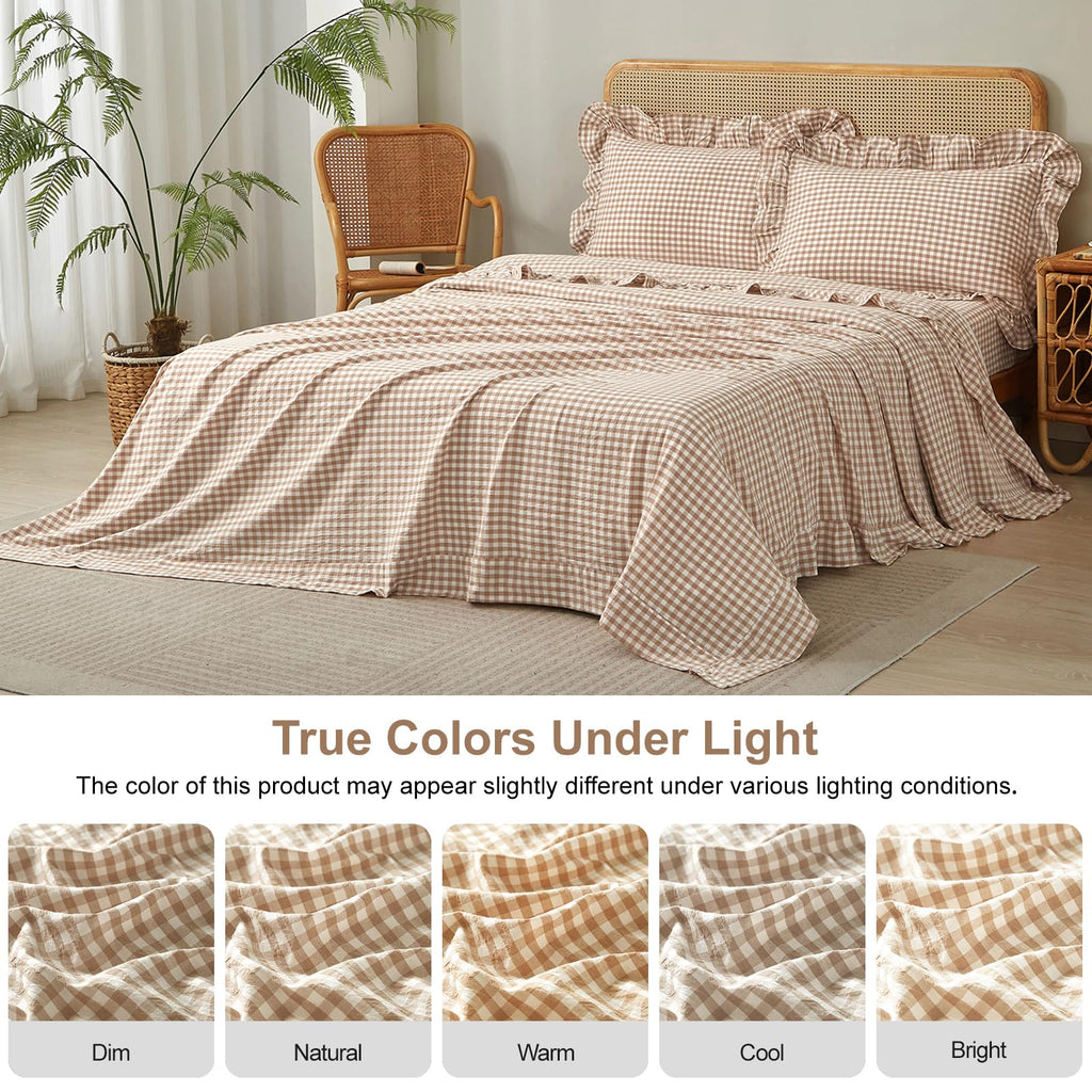 Tan Gingham Ruffle Sheets Set Boho Taupe Plaid Bed Sheets