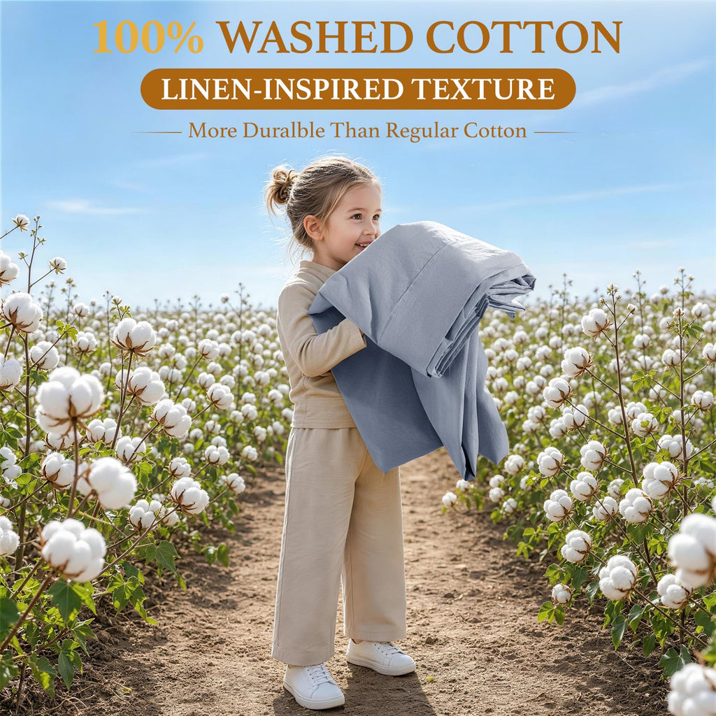 100% Washed Cotton Sheets Set, Linen-Like Feel Sheets