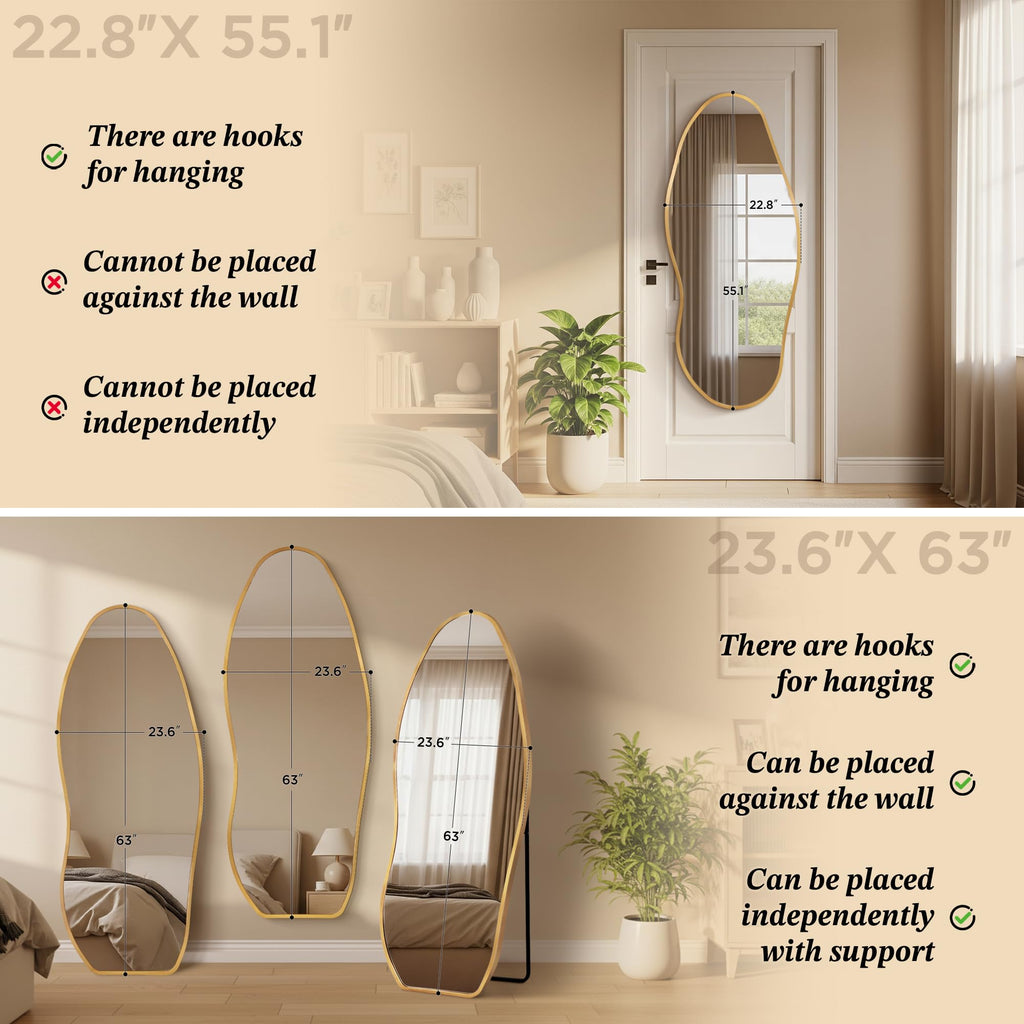 Mirror Full Length - Irregular Full Body Mirror Standing or Leaning or Wall Hanging 63"x 24" Asymmetrical Aviation