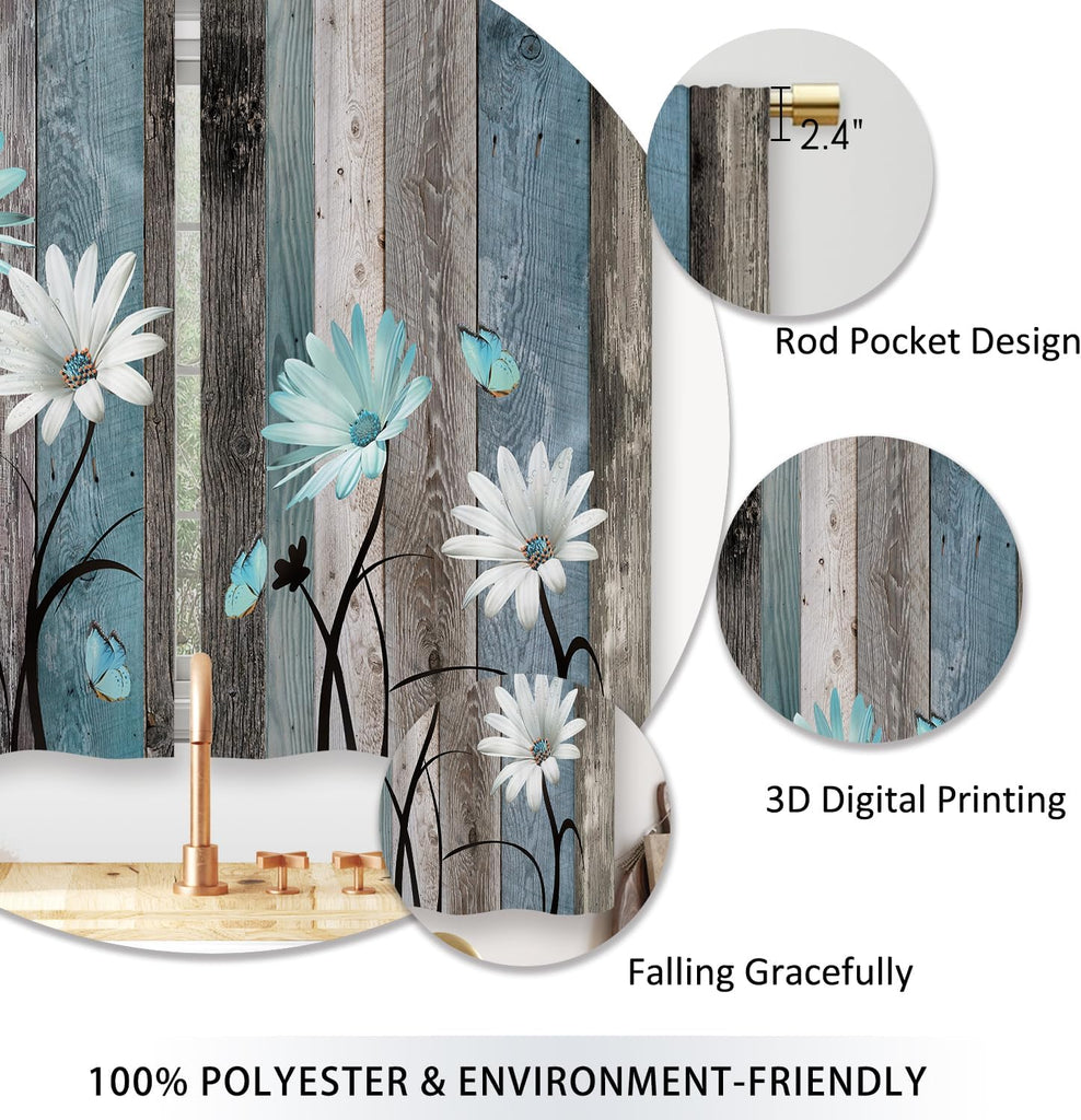 Teal Farmhouse Daisy Kitchen Curtains Wooden Flower Small Short Cafe Window Curtains Rustic Floral Butterfly Country
